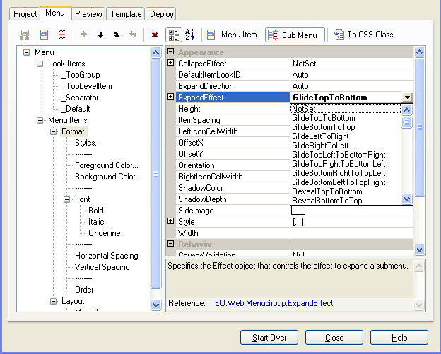 Set sub menu properties in menu builder