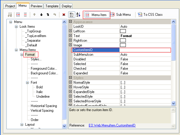 Set CustomItemID property